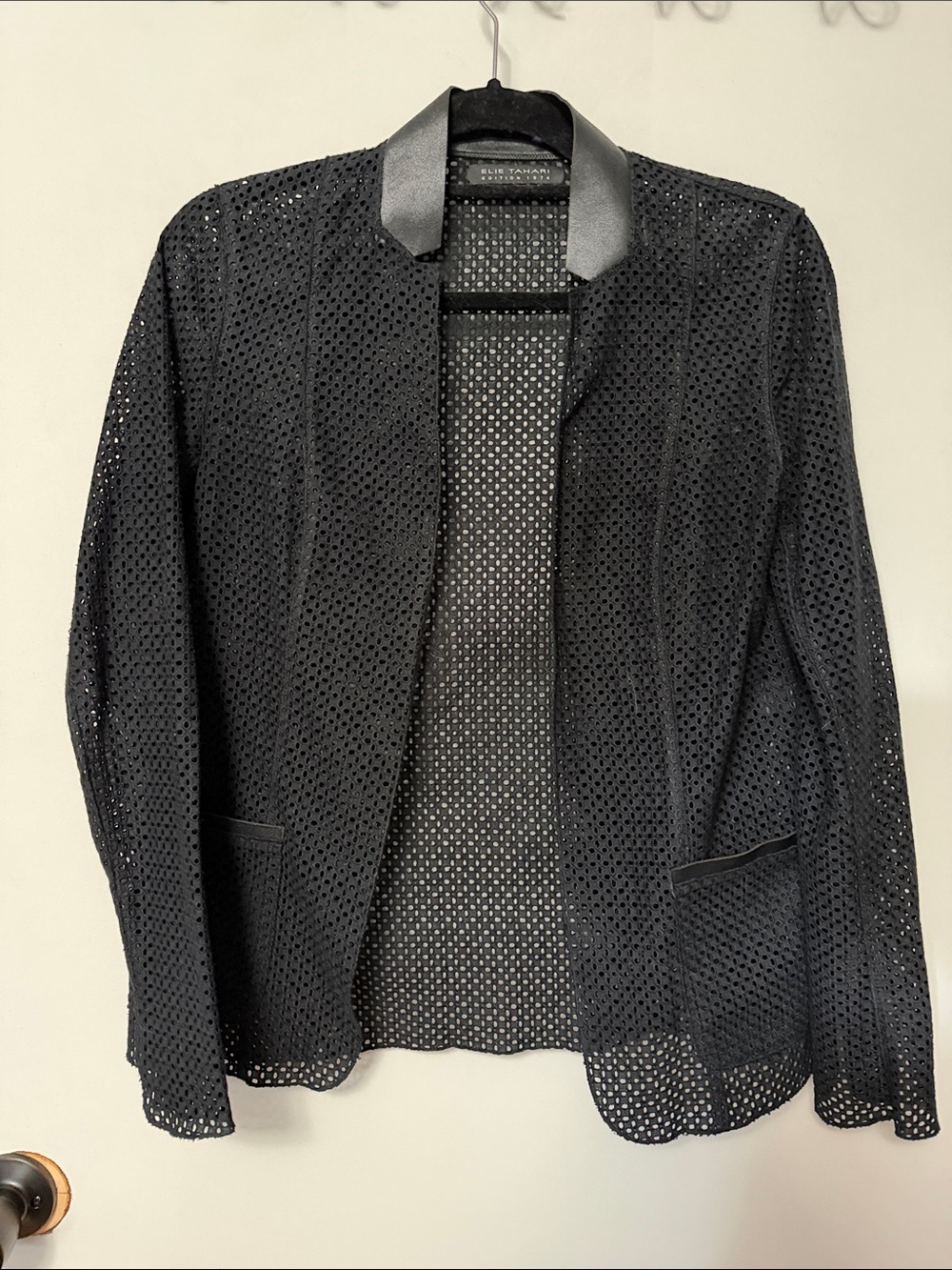 Elie Tahari Black Openwork Mesh Blazer with Faux-Leather Collar